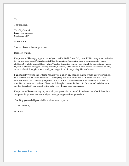 Transfer Request Letter Sample from www.wordexceltemplates.com