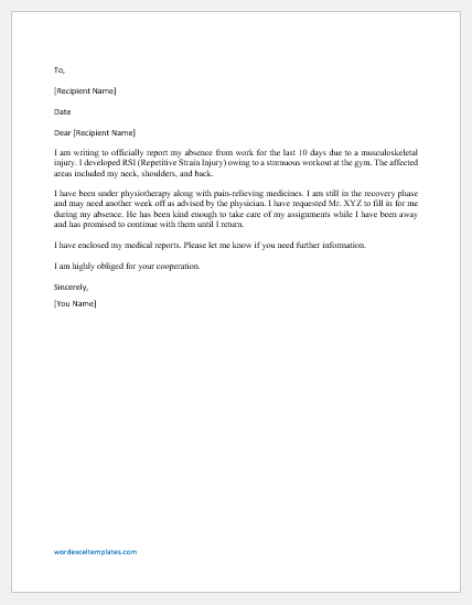 Absence Excuse Letter due to Musculoskeletal Injuries