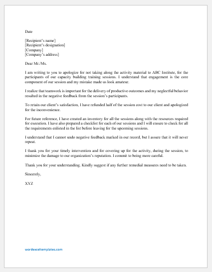 Excuse Letter For Work Sample from www.wordexceltemplates.com