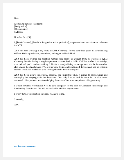 Character Reference Letter for an Employee