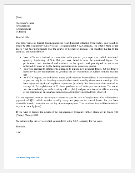 Dismissal Letter for Poor Performance