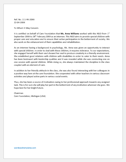 Experience Letter Template for Internship