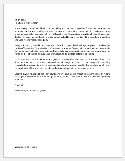 Experience letter template for a teacher