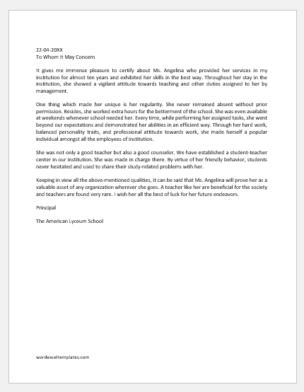 Experience letter template for a teacher