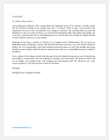 Experience letter template for teacher