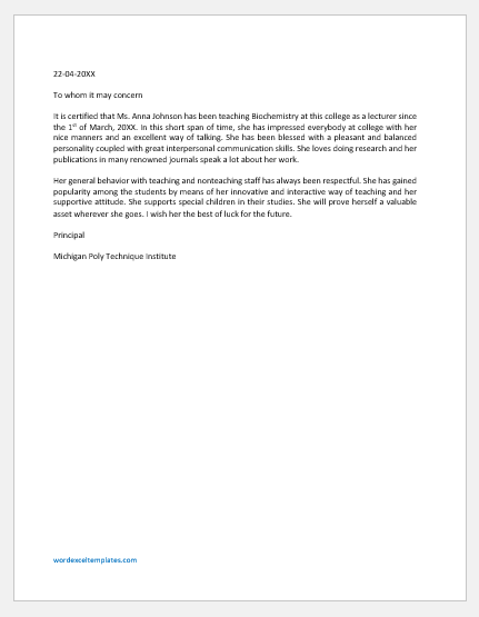 Experience letter template for teacher