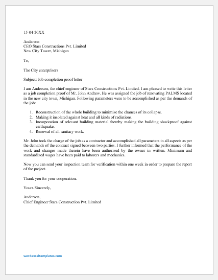 Job completion proof letter