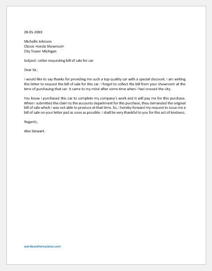 Selling A Car Letter Template