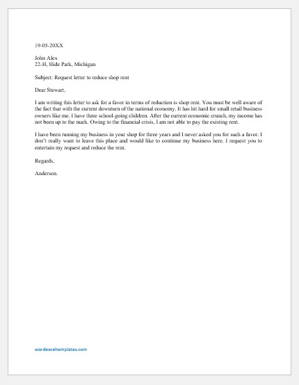 Request Letter to Reduce Shop Rent | Word & Excel Templates
