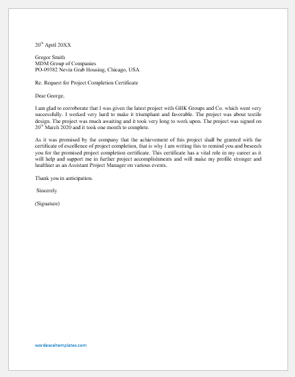 Request letter for project completion certificate