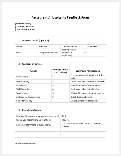 Restaurant / Hospitality Feedback Form