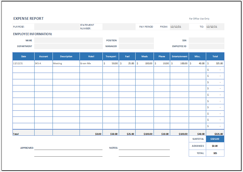 Employee Expense Report Template for Excel