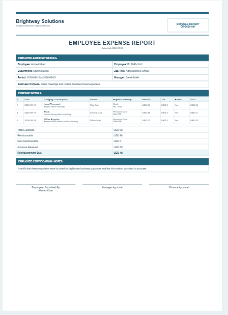 Employee Expense Report Template
