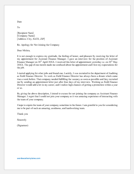 Excuse Letter for not Joining the Company