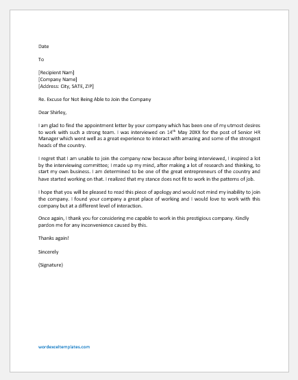 Excuse Letter for not Joining the Company