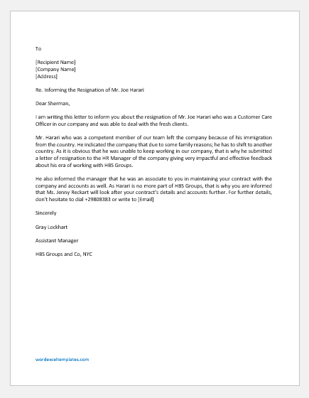 Letter Informing the Client about an Employee’s Resignation