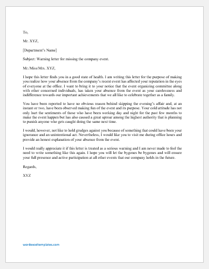 Reprimand Letter for Missing a Company Event