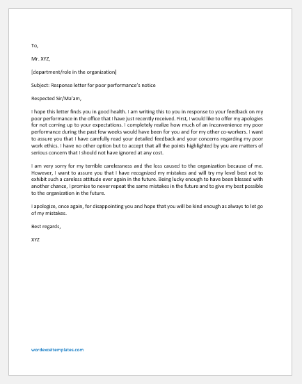 Response Letter for Poor Performance