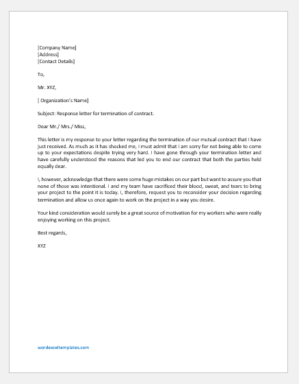 Response Letter for Termination of Contract