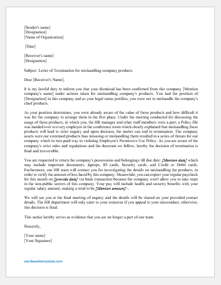 Termination letter for mishandling company products