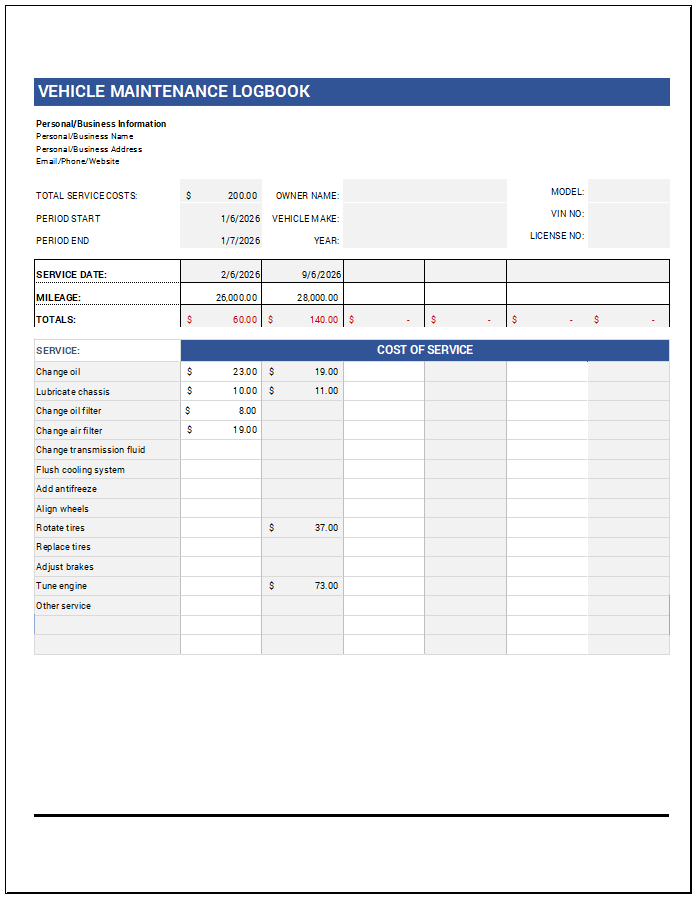 Vehicle Maintenance Logbook Template