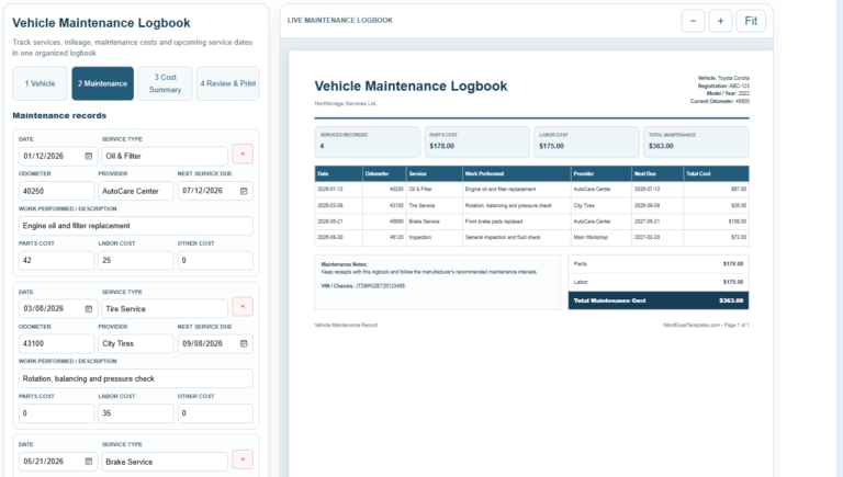 Vehicle Maintenance Logbook Template