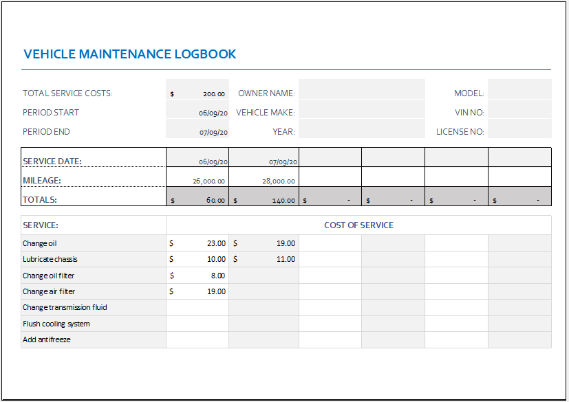 Vehicle Maintenance Logbook Template for Excel