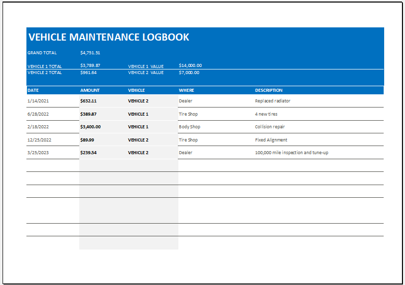 Vehicle maintenance logbook template