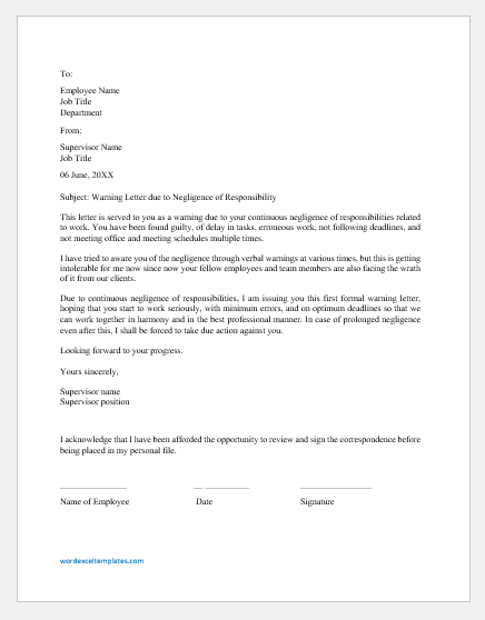 Warning Letter for Negligence of Responsibility