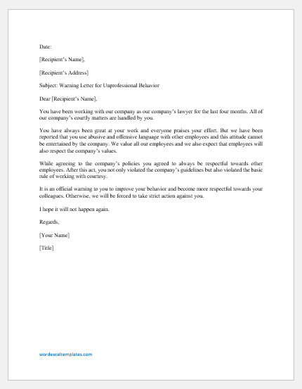 Warning Letter for Unprofessional Behavior as a Lawyer