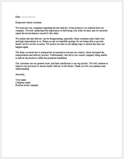 Apology Letter for Product Delayed due to Unexpected Circumstances