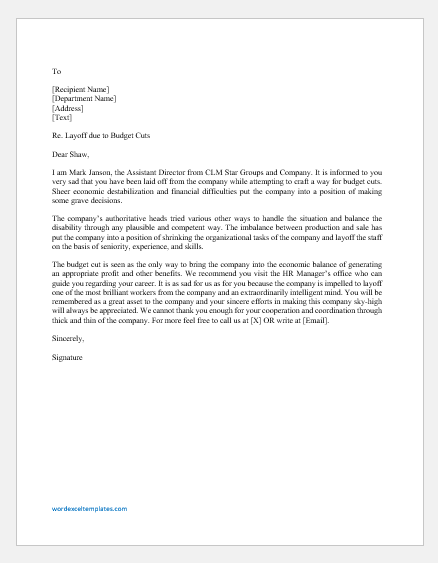 Layoff Letter Due to Budget Cut