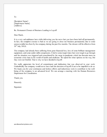 Layoff Letter Due to Company Closure