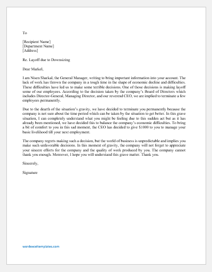 Layoff Letter Due to Downsizing