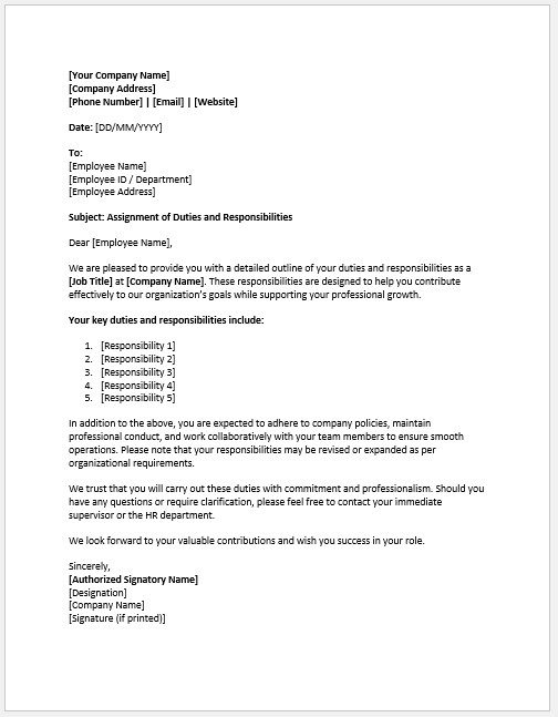 Letter to an Employee for Duties and Responsibilities