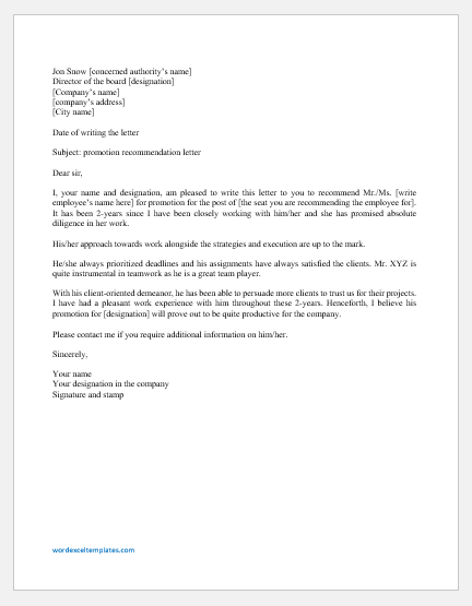 Letter Of Recommendation For A Promotion from www.wordexceltemplates.com