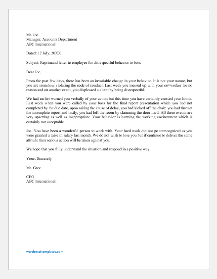 Reprimand Letter to Employee for Disrespectful Behavior to Boss