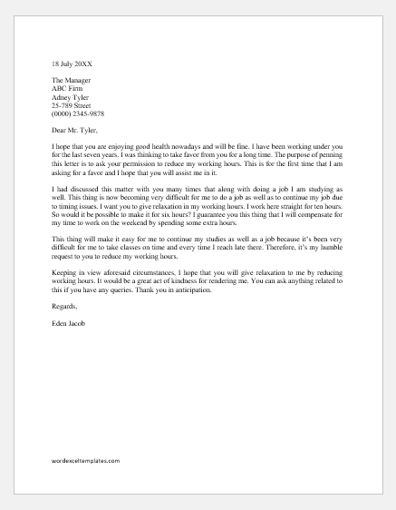 Request Letter to Boss for Relaxing Working Hours