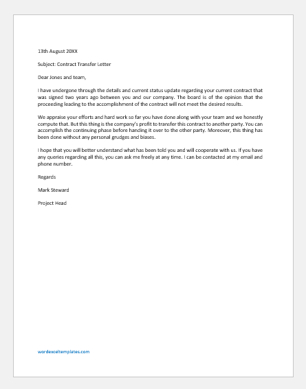 Contract Transfer Letter Template