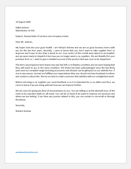 Letter to Customer on Removal as Supplier
