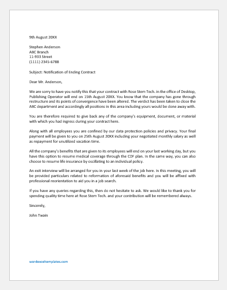 End Of Service Letter from www.wordexceltemplates.com