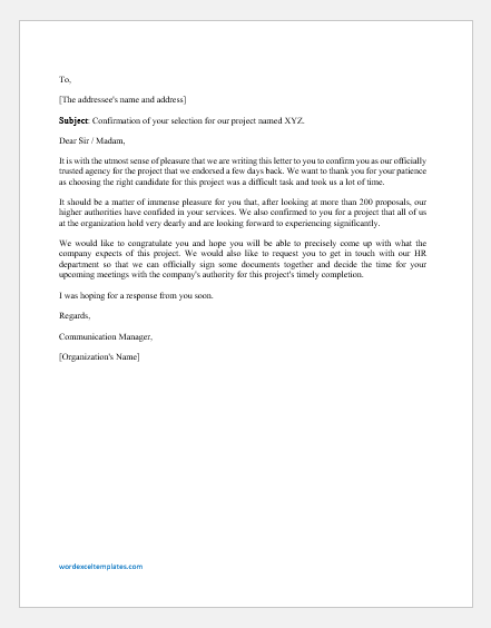 Project Confirmation Letter