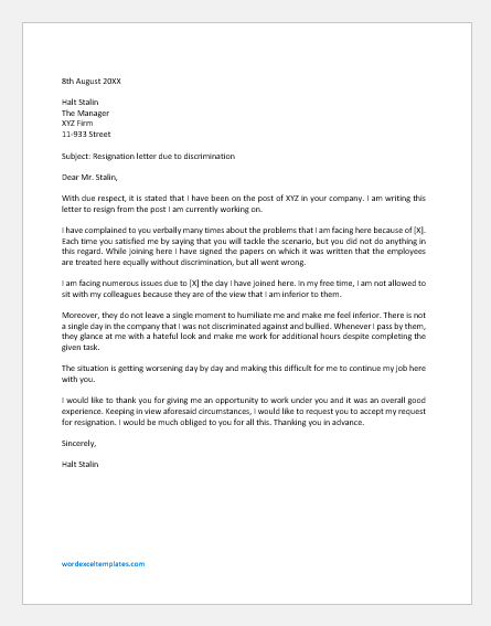 Resignation Letter Due to Discrimination