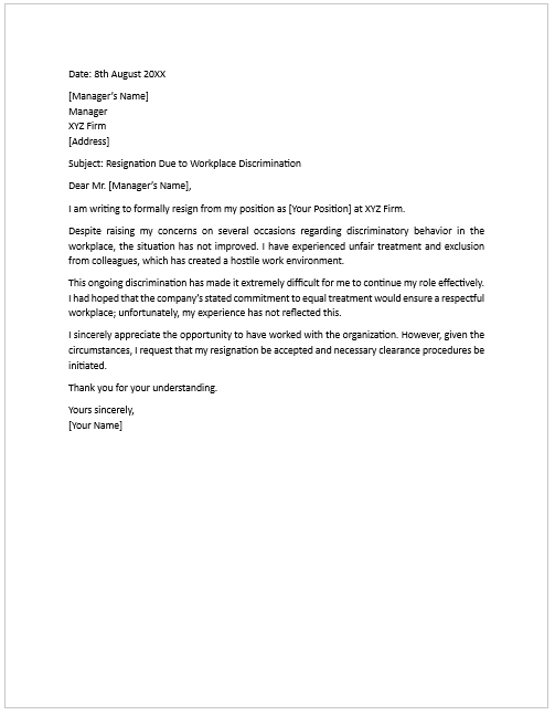 Resignation letter due to discrimination