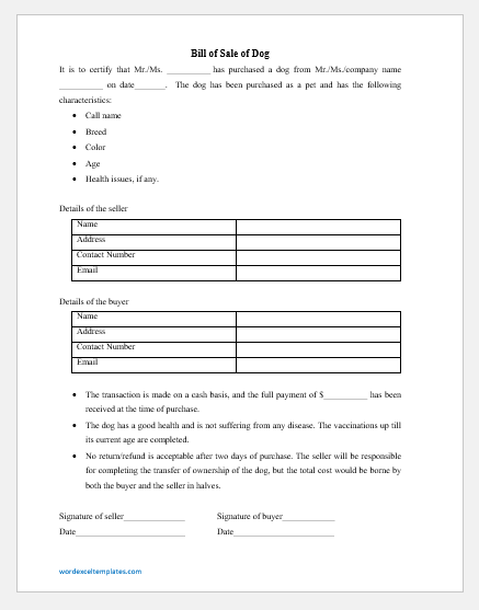 Bill of Sale of Dog Template for Word