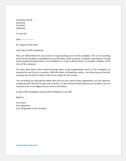 Disciplinary Action Letter for Swearing and Cursing