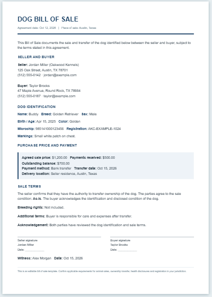 Dog Bill of Sale Template