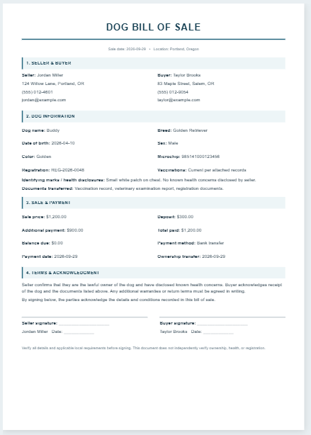 Dog Bill of Sale Template