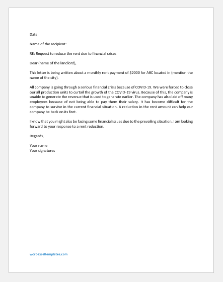 Letter Written by Company to Reduce the Rent Due to Losses