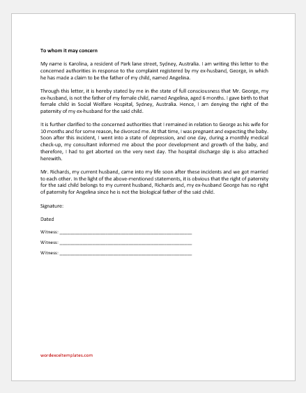 Affidavit of Wife Denying Husband is Father of Child